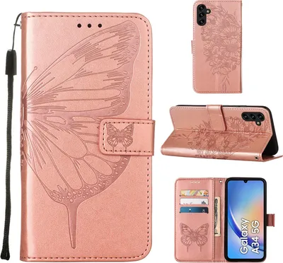 Produktbild von Lederhülle für Samsung Galaxy A34 Schmetterling Prägung Flip Ledertasche Kartenfächer Handyhülle mit Ständer Pink
