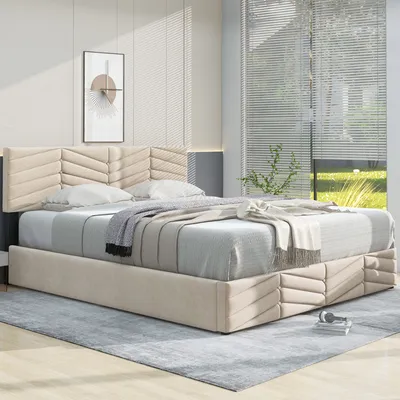 Obrázek produktu pro okwish Čalouněná postel 140*200 cm, s laťovým roštem a výškově nastavitelným čelem, přírodní, odolné dřevo, snadná montáž, kvalitní holandský samet (béžová)