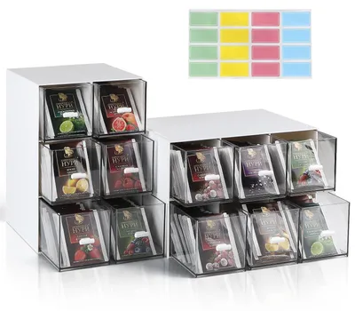 Zdjęcie produktu dla Pojemniki na herbatę, zestaw 4 sztuk, wymiary: 22,6 x 16,5 x 7,7 cm, możliwość układania w stos, przeznaczone do przechowywania torebek z herbatą