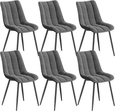 A set of six dark gray dining chairs arranged in two rows of three.