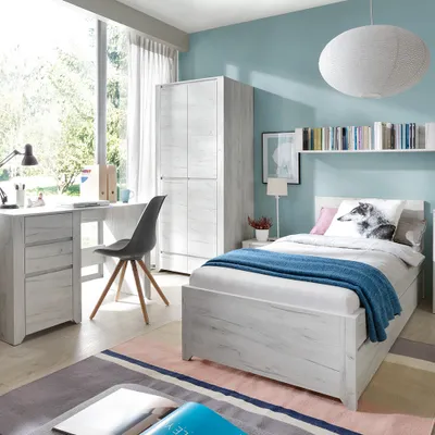 Produktbild von Jugendzimmer Set 5-teilig AMANTEA-129 mit Bett 90x200 in weiß Eiche