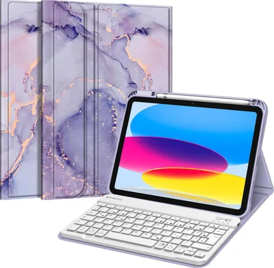 Produktbild von Fintie Tastatur Hülle für iPad 11.Generation 11" 2025, iPad 10. Generation 2022 10.9", Schutzhülle mit TPU Rückschale, Pencil Halter und magnetisch Abnehmbarer Tastatur mit QWERTZ Layout, Marmor Lila
