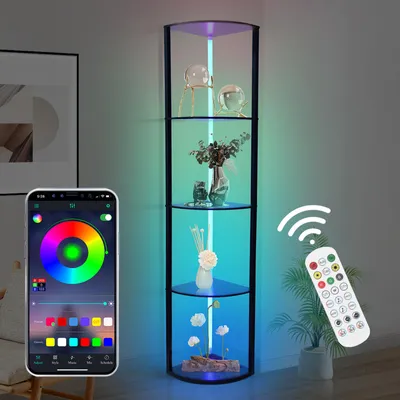 A corner display shelf with LED lighting, controlled by a smartphone app and remote control, is shown in a room setting.