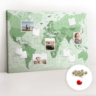Obrázek produktu pro Korková nástěnka s kolíčky - Tabule s kolíky pro fotografie a poznámky - 120x80 cm - Připínáčky kovové 100 kusů - Politická mapa světa