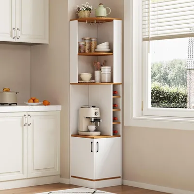 Produktbild von okwish Weiß Eckschrank mit Weinglasregal und offenen Fächern, Küchenschrank mit zwei Türen, Hochschrank für Esszimmer und Küche
