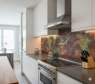 Produktbild von CopperAndCraft Kupfer Küchenwand Spritzschutz, Wandpaneel Patina 100x50 cm, Handgefertigte Metall Wandverkleidung, Küchenrückwand Deko