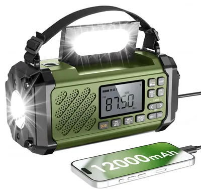 Zdjęcie produktu dla Radio awaryjne Vikeri z korbką i panelem słonecznym, pojemność 12000 mAh, odbiera pasma AM/FM/SW