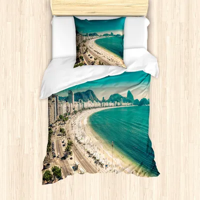 Produktbild von ABAKUHAUS Vintage Strand Bettbezug Set für Einzelbetten, Copacabana-Strand-Kunst, Milbensicher Allergiker geeignet mit Kissenbezug, 135 cm x 200 cm - 80 x 80 cm, Mehrfarbig