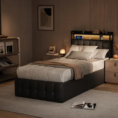 Produktbild von UnboxG Polsterbett 90x200 cm Schwarz aus Kunstleder mit LED-Kopfteil, USB-Anschluss & Steckdose, Einzelbett mit hydraulischem Bettkasten und Lattenrost
