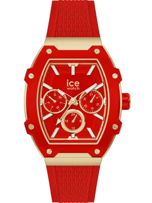 A studio shot of a red and gold Ice Watch.