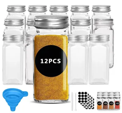 Immagine prodotto di Set di contenitori per spezie, 12 pezzi - Barattoli in vetro da 120 ml - Ideali pere spezie - Dimensioni 10,6 x 4,6 cm - Trasparenti - Contenitori per la cucina