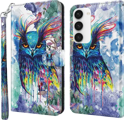Produktbild von CLM-Tech Hülle kompatibel mit Samsung Galaxy S23 5G - Tasche aus Kunstleder - Klapphülle mit Ständer und Kartenfächern, Eule bunt