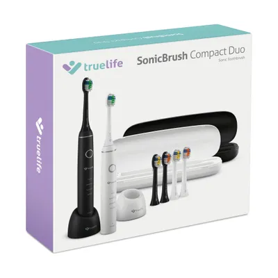 Zdjęcie produktu dla TrueLife SonicBrush Compact Duo, Dorosły, Szczoteczka do zębów drgająca, Masaż, Delikatny, Wybielający, Czarny, Biały, 3500 ruchów na minutę, Okrągły