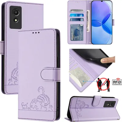 Produktbild von Leder Hülle für TCL 501 Süße Katze Flip Case Brieftasche Schutzhülle mit Standfunktion Lila