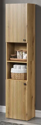 A tall, narrow wooden cabinet with a slatted front, standing against a gray wall.