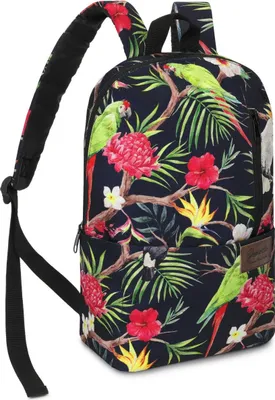 Produktbild von Zagatto ZG691 Rio Schwarz Rucksack mit Blumen und Papageien Motiv Schulrucksack Alltagsrucksack Reiserucksack Sportrucksack 40x32x13 16L geräumig A4