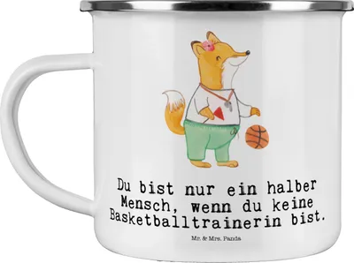 Produktbild von Mr. & Mrs. Panda Teetasse Basketballtrainerin Herz - Weiß - Geschenk, Pott, Basketballerin, Teebecher, Kaffeepott, Basketball, Emaille Becher, Verein, Basketballcoach