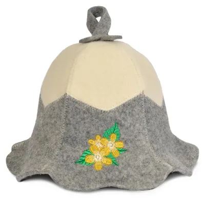 Immagine prodotto di Cappuccio per sauna in feltro di lana grigio con motivo floreale, offre protezione dal calore