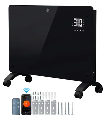 Obrázek produktu pro Konvektorový ohřívač Peviasot, 2000 W, černý, s Wi-Fi (Tuya Smart), dálkovým ovládáním, termostatem (5–50 °C), možnost montáže na zeď nebo na kolečkách, stupeň krytí IP24