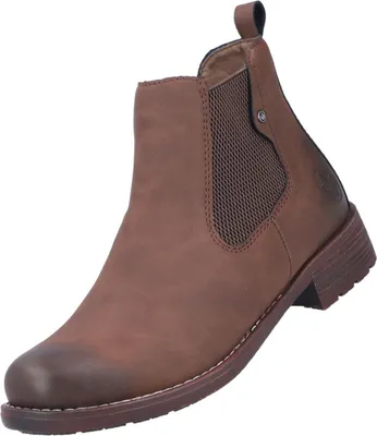 Das Bild zeigt einen braunen Stiefel mit einer glatten Oberfläche und einem hohen Schaft. Der Stiefel ist von der Seite abgebildet und hebt sich vor einem neutralen Hintergrund ab.