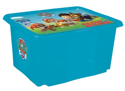 A blue plastic storage box with a Paw Patrol graphic on the lid and side.