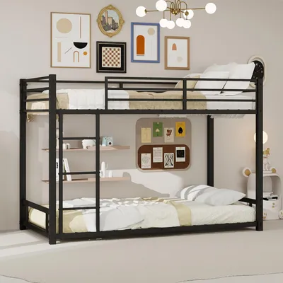 Obrázek produktu pro Dvoupatrová postel 90x190 cm z kovu, nízká dvoupodlažní postel o výšce 136 cm s bezpečnostní zábranou, se třístupňovým žebříkem a kovovými lamelami
