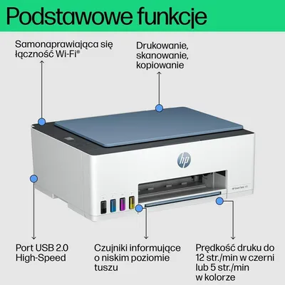 Produktbild von HP Smart Tank 585 All-in-One Printer, Home and home office, Print, copy, scan, Wireless; High-volume printer tank; Print from phone or tablet; Scan to PDF, Thermal Inkjet, Farbdruck, 4800 x 1200 DPI, A4, Direktdruck, Blau