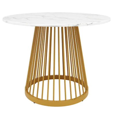 Produktbild von Flieks eleganter Rundtisch Esstisch, Küchentisch mit marmorierte Tischplatte und goldenen Metallbeinen, Couchtisch für Esszimmer, Wohnzimmer