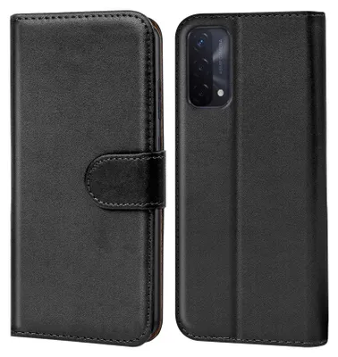 A black flip case for a smartphone is shown from the front and back.