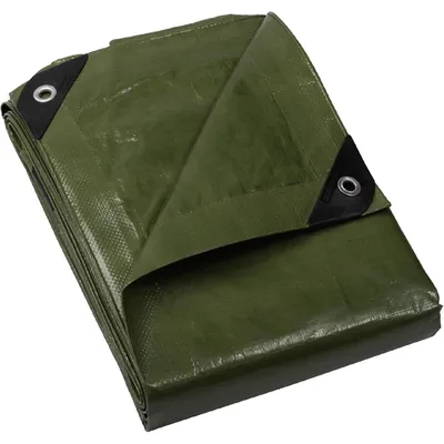 Obrázek produktu pro Plachta z tkaniny s oky, vodotěsná, zelená, rozměry 6 m x 8 m, hmotnost 120 g/m², polyester, odolná proti roztržení, UV stabilizovaná