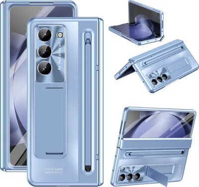 Immagine prodotto di Custodia per Samsung Galaxy Z Fold 5 galvanizzata con S Pen e portapenna, protezione dello schermo, protezione della cerniera e supporto blu
