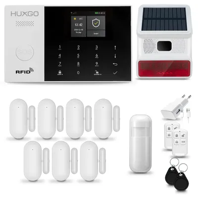 Produktbild von HUXGO HXA005 Alarmanlage Haus WiFi + GSM 2G mit Funksirene Alarm System mit Bewegungssensor und 7x Tür- Fenstersensor, Alarmanlage für Wohnung, Haus, Garage, Tuya Smartlife App
