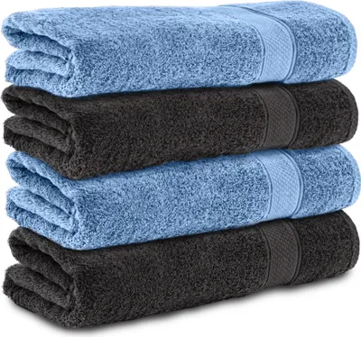 Produktbild von Komfortec 4er Duschtücher 70x140 cm Set aus 100% Baumwolle, 470g/m², Frottee, Weich, Schwarz/Hellblau