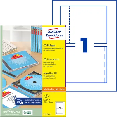 Produktbild von Avery Zweckform C32250-25, CD-Einleger, A4, 151 x 118 mm, 25 Bögen, weiß