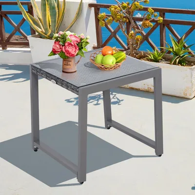 Image de Table d'appoint pour balcon, table de jardin résistante aux intempéries, en polyrotin et aluminium avec plateau en verre trempé, couleur grise. Compacte et légère. Capacité jusqu'à 30 kg. Dimensions : 50 x 49,5 x 50 cm