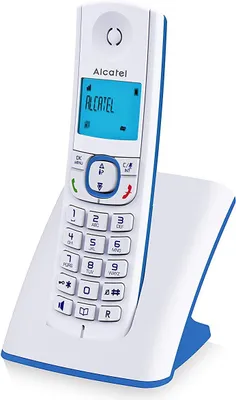 A white and blue Alcatel cordless phone is shown on its charging base.
