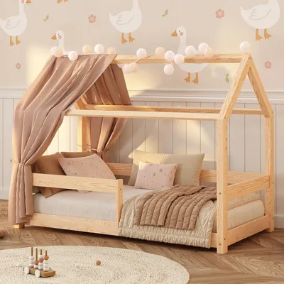 Obrázek produktu pro Dětská postel – Postel s domečkem – Postel pro batolata – Montessori postel – Masivní dřevo – Ochrana proti pádu – Rošt 90x200 cm