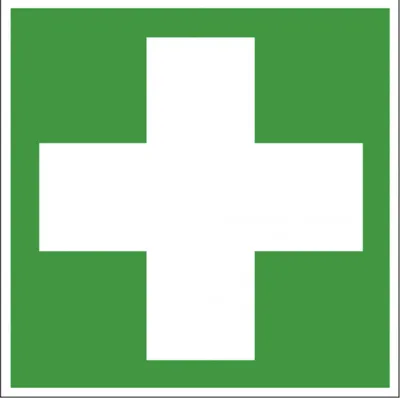 A green square with a white cross in the center, representing a first aid sign.