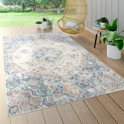 Produktbild von In- & Outdoor-Teppich Für Balkon Terrasse, Kurzflor Mit Orient-Muster In Blau Grösse 60x100 cm