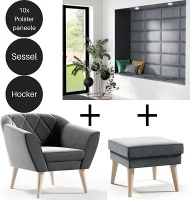 Image de Ensemble salon 10 pcs panneaux tapissés 30x40cm + fauteuil + tabouret velours gris