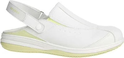 A white and yellow medical shoe is shown against a white background.