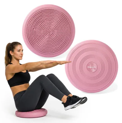 Obrázek produktu pro Sensoromotorická sedací podložka HyperMotion pro cvičení rovnováhy, průměr 33 × 5 cm, růžová s výstupky, vyrobená z materiálu odolného proti protržení, včetně ruční pumpy, nosnost do 90 kg