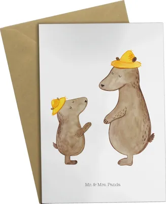 Produktbild von Mr. & Mrs. Panda Klappkarte Bären mit Hut - Weiß - Geschenk, Kinder, hochzeitskarten, osterkarte, weihnachtskarten, Paps, glückwunschkarten, Muttertag, Glückwunschkarte