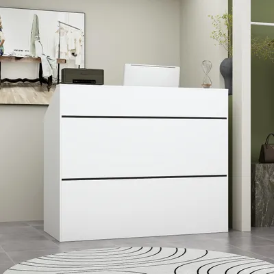 Produktbild von Empfangstheke mit Streifendekor, Rezeption, Empfangstresen, Bürotheke, Hotelrezeptionen, Bekleidungsgeschäften, Weiß, MDF, 120 × 50 × 100 cm