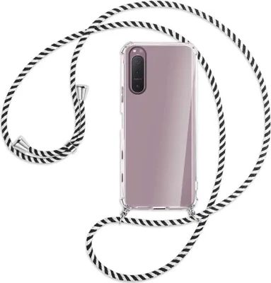 Produktbild von Handykette Backcover-Schutzhülle mit Band (Metall silberfarben) für Sony Xperia 5 II - schwarz/weiß gestreift