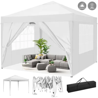 A white pop-up gazebo set up with outdoor furniture inside, suggesting its use for parties or gatherings. Smaller images below show the gazebo in its folded state and a separate folded gazebo.