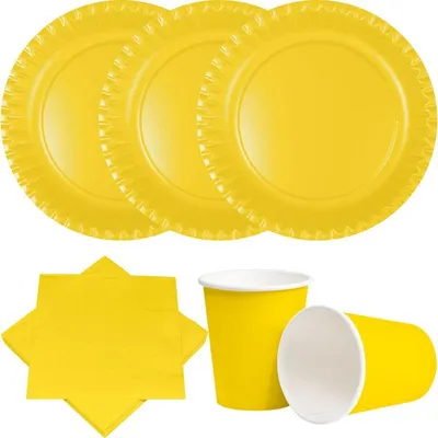 Produktbild von Party Deko Set gelb sonnengelb 120 tlg.Einweggeschirr für 30 Personen Teller, Becher, Servietten Hochzeit Geburtstag