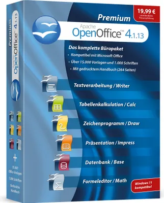 Produktbild von Open Office Premium 4.1.13 - Inkl. gedrucktes Handbuch, 1.000 Schriften / Kompatibel mit Word, Excel, für Windows 10 8 7