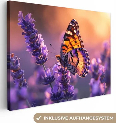 Produktbild von MuchoWow® - Leinwandbilder - Blumen - Schmetterling - Lavendel - Blume - Natur, Wandbild, Wanddeko Bilder Wohnzimmer, 80x60 cm