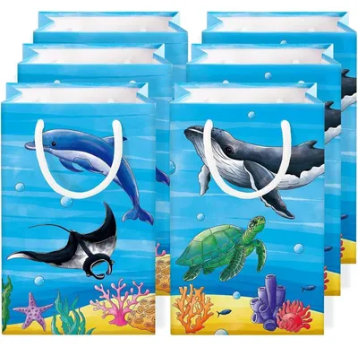 Productafbeelding van Geschenktassen met zeethema, set van 16, met handgreep, voor kinderen, afmetingen: 20,1 x 12,4 x 7,6 cm